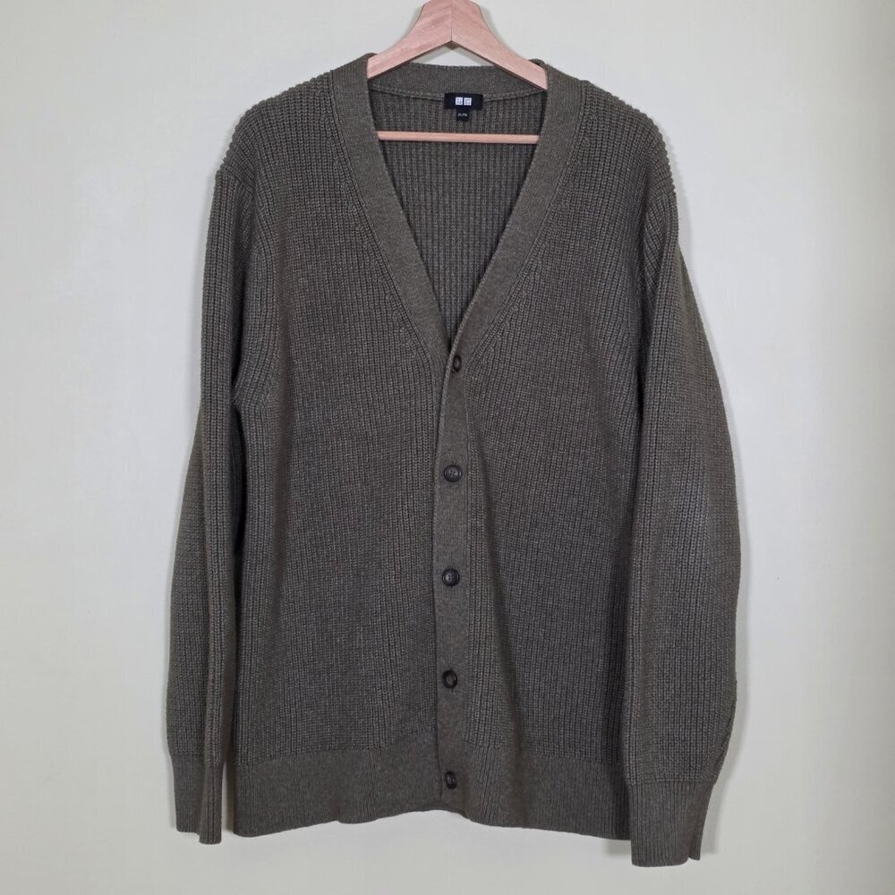 Uniqlo Cardigan Mens XL Heathered Green V Neck Button Up Ribbed Academia Grandpa
